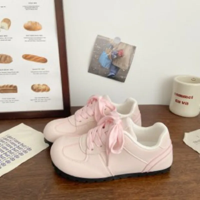 Damen Rosa Retro-Trainer-Schuhe, Süße Runde Zehenpartie, Schnürung, Lässige Sneakers, Weiche Sohle, Leichte Alltagsschuhe, Flache Schuhe – Detail 5
