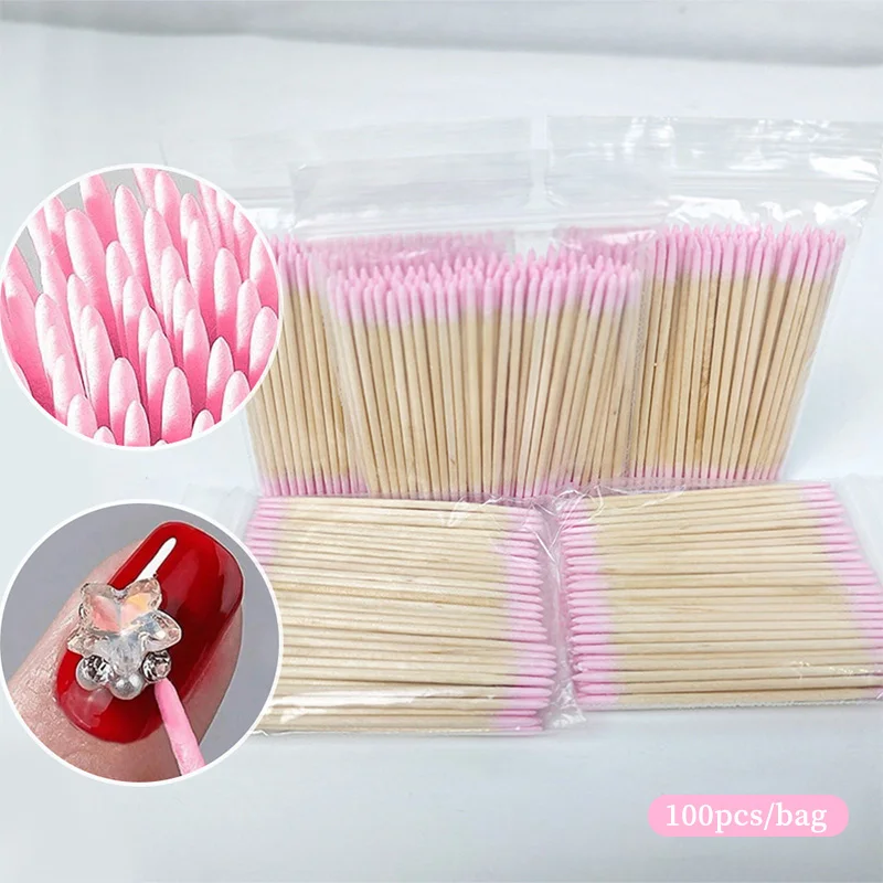 100 個両頭綿棒木製スティック付き尖った先端綿棒マニキュアリムーバー用使い捨てアートツール