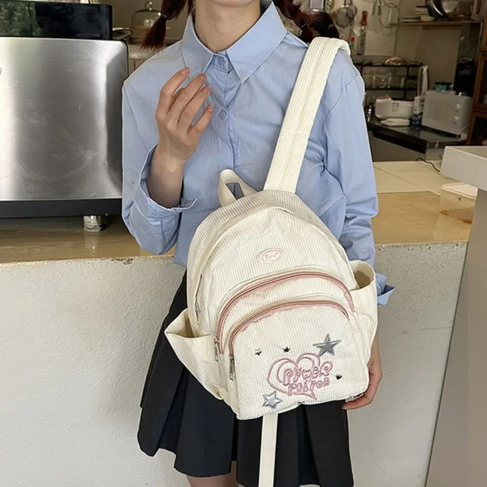 Mochila pequeña de pana, bolso de Color sólido, bolso de hombro Star Love, estilo coreano, mochila informal con múltiples bolsillos para estudiantes