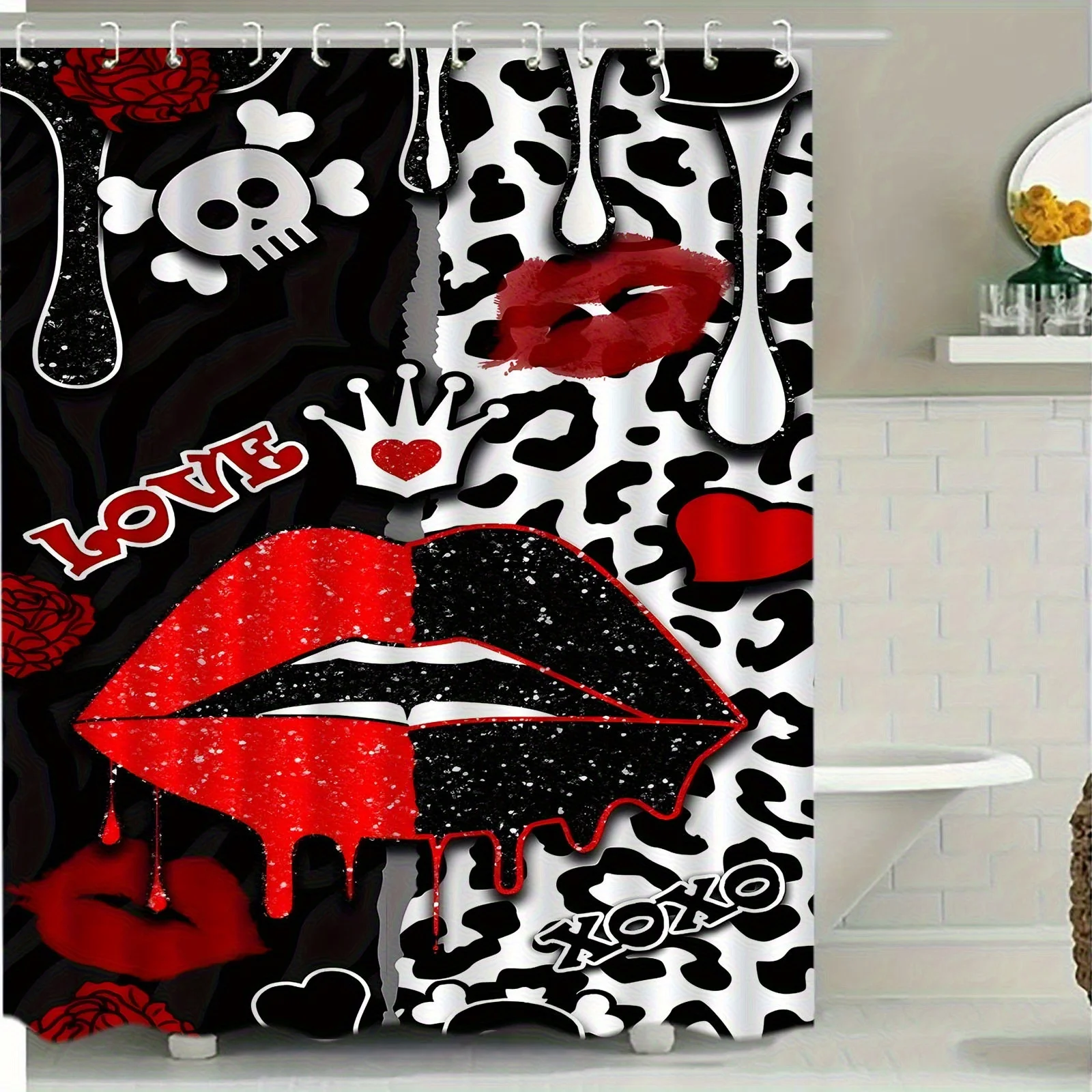 

Душевая занавеска Bold Love Lips с леопардовым принтом и изображением черепа для дерзкого декора ванной комнаты, в стиле сексуального панк-арта, проста в уходе.