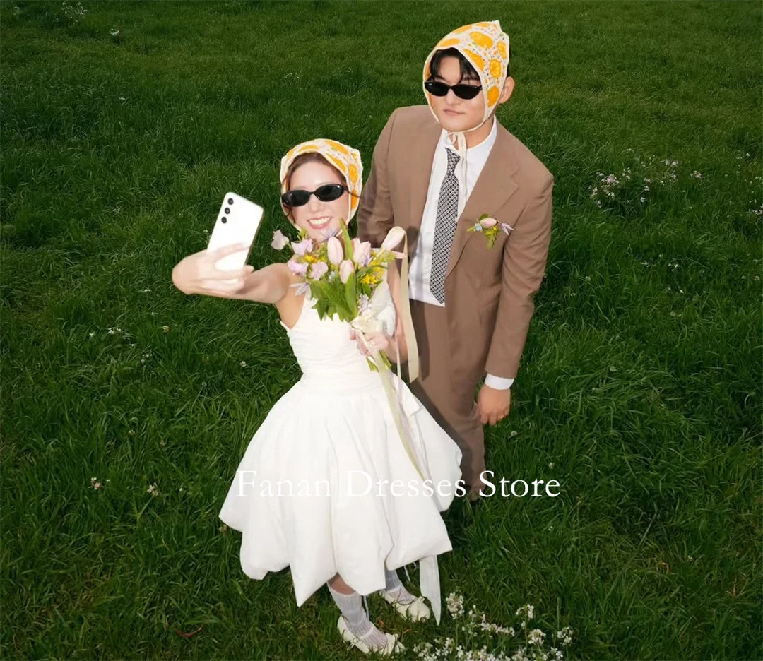FANAN Spaghetti Strap Square Neck Mini Wedding Dress Ribbon Hem Short Puffy Elopement Bridal Gown For Outdoor Engagement Photosh