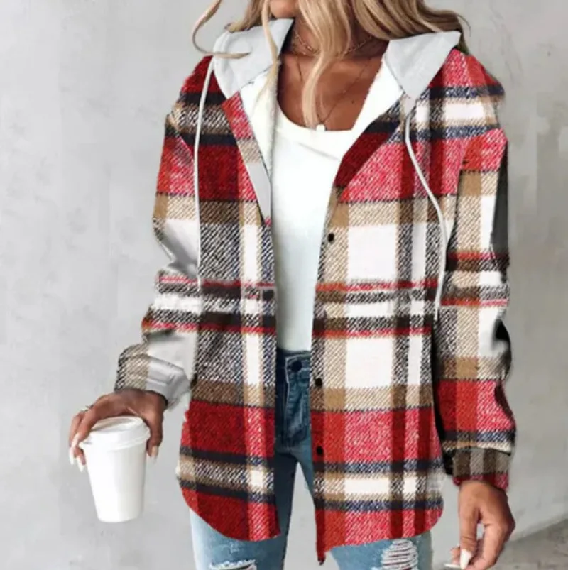 

Fashionable Plaid Print Hoodie Sweatshirts Loose Casual Drawstring Hooded Fall Winter Women's Button Oversized Sweatshirt Y2k