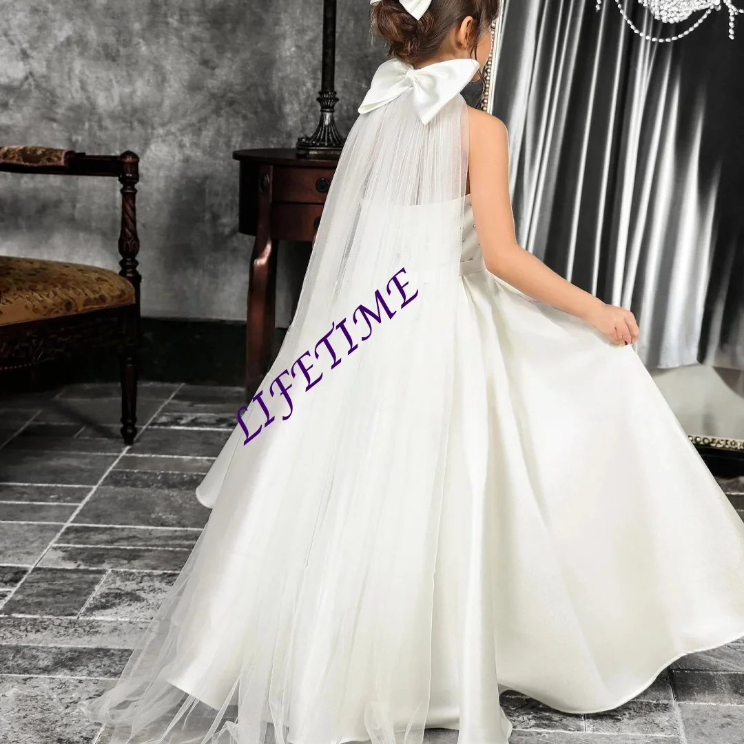 White Sleeveless Halter Neck Flower Girl Dress for Wedding Holiday Dance Performances Birthday Party Celebrations
