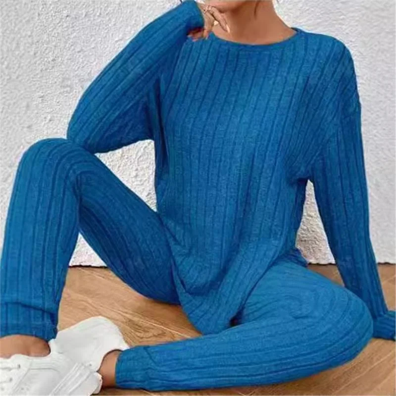 

Large Size Autumn Winter Pure Color round Ne Long Sve Striped Casual Sports Home Wear Two Piece Set Faionable Comfortable