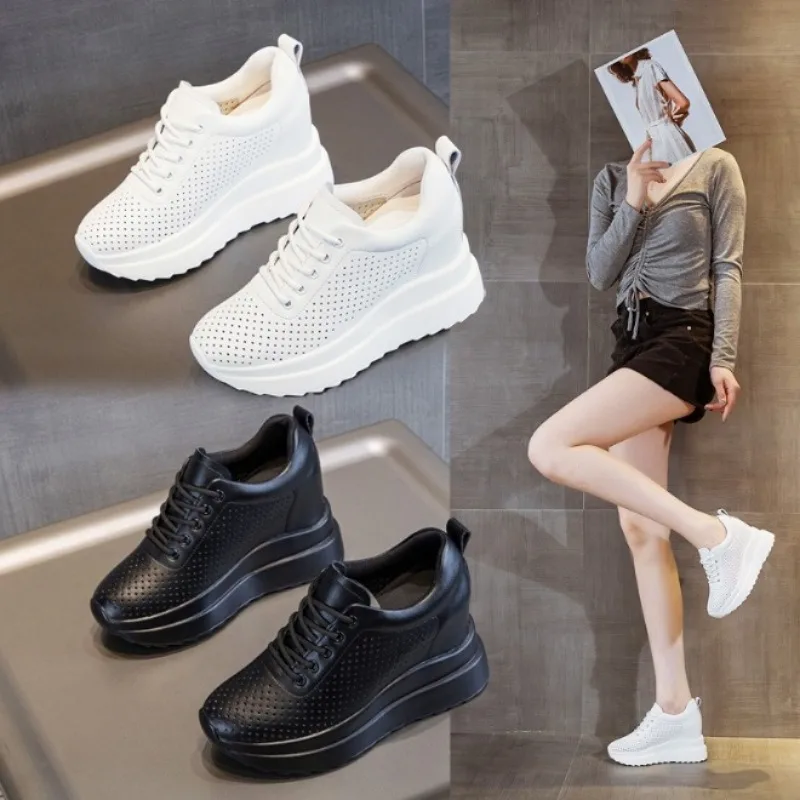 Hot quality10cm vera pelle piattaforma vulcanizzata zeppa Casual donna scarpe estive Sneakers moda tacchi vuoti aumentare scarpe