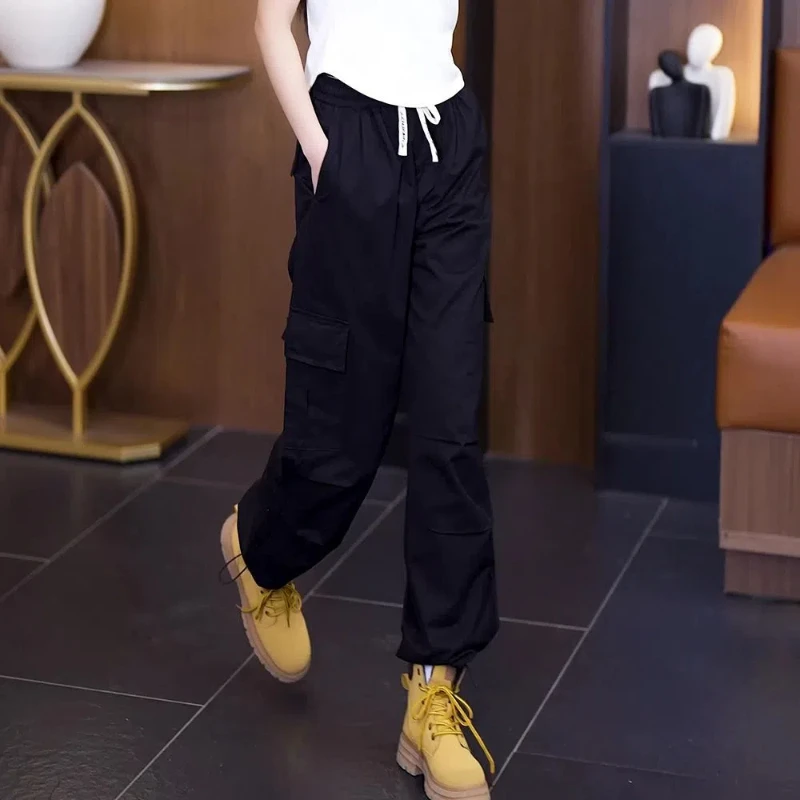 

Женские рабочие брюки из чистого хлопка, прямые весенне-осенние новые спортивные свободные утягивающие широкие брюки, повседневные брюки с высокой талией в американском стиле