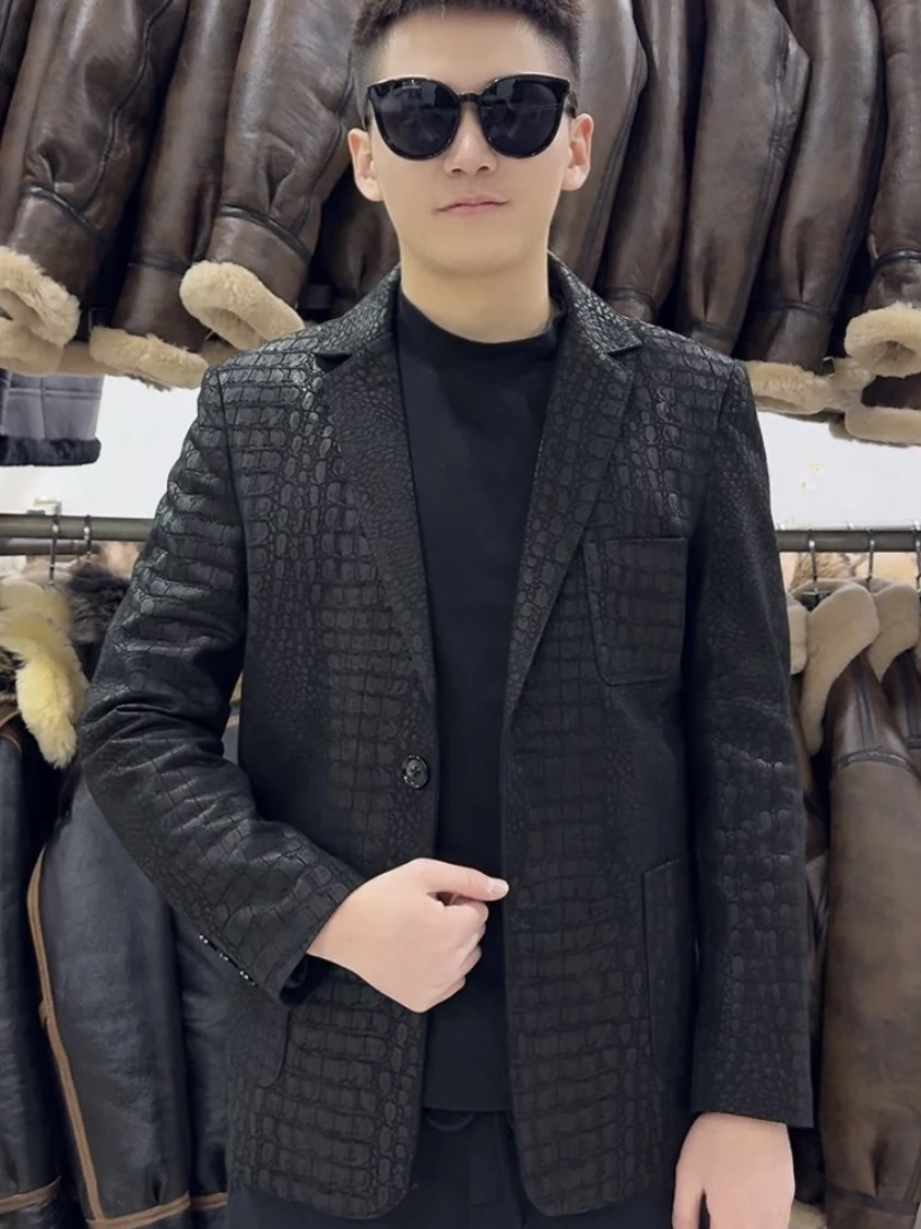 

Men's Lamb Leather 3D Print Crocodile Pattern Casual Faionable Wear Resistant Busin Suit Spring Autumn Sle Leather Jaet