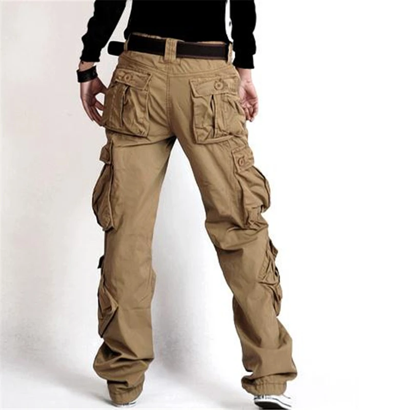 Woman Spring Hot Sale Mid Elastic Waist Pockets Straight 100% Cotton Cargo Pants Female Autumn Hot Sale Loose Trousers