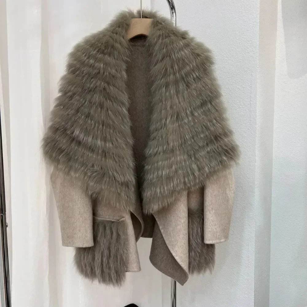Elegant Woolen Coat Female Real Fox Fur Jacket 2025 New Autumn Winter Warm Natural Fur Woolen Jacket Over Size Outerwear Women