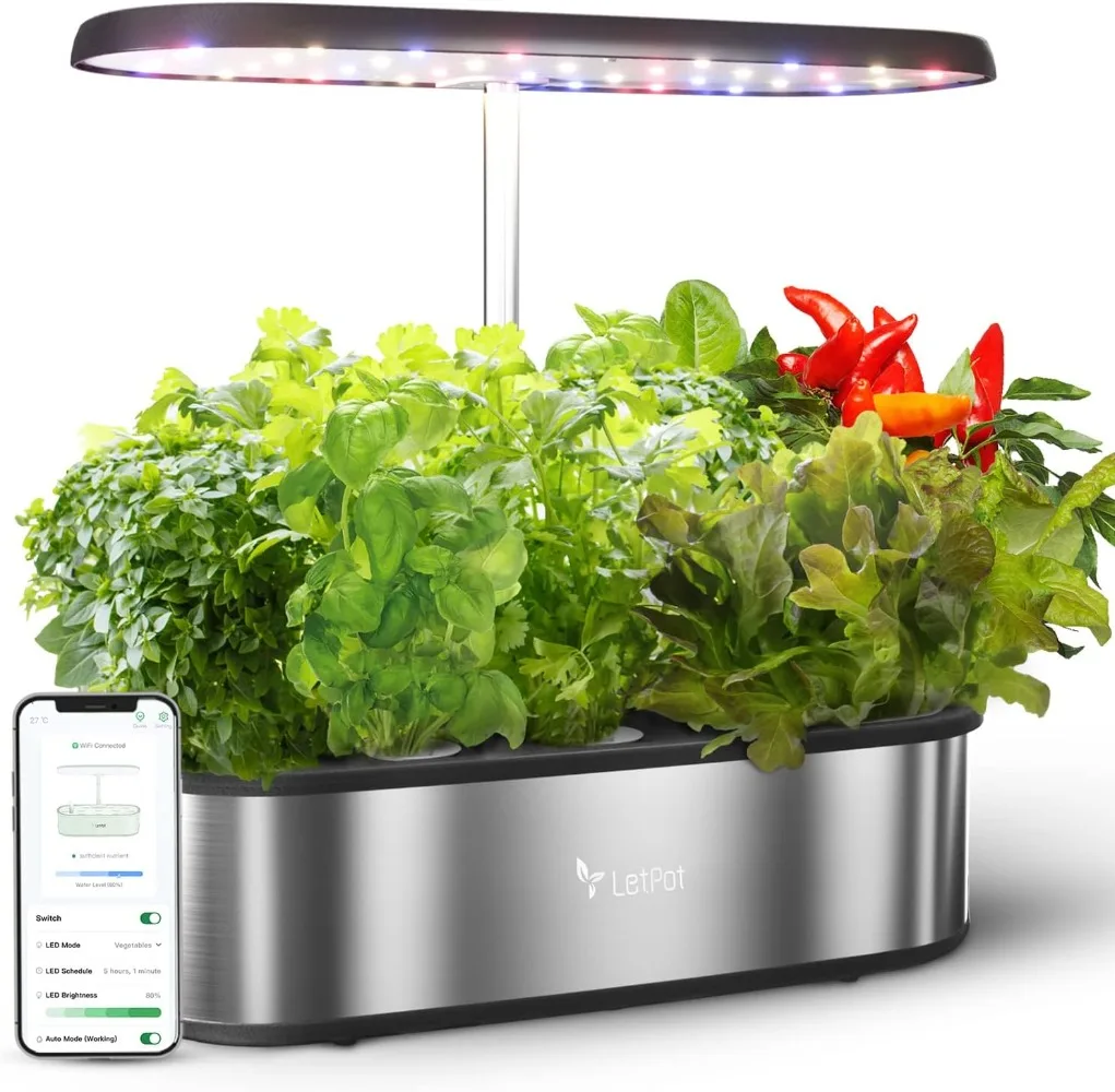 12 kapsułek Smart Herb Garden Kit do użytku wewnątrz, wewnątrz ogrodu, kontrolowana przez aplikację i WiFi, z diodą LED do uprawy 24 W, zbiornik na wodę 5,5 l, system pompy