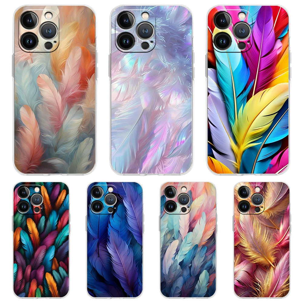 

Soft TPU Transparent Phone Case for iPhone 16 15 14 13 12 11 Pro Max 16E 8 7 Plus XS Max Shell Fashion Gradient Feather Pattern