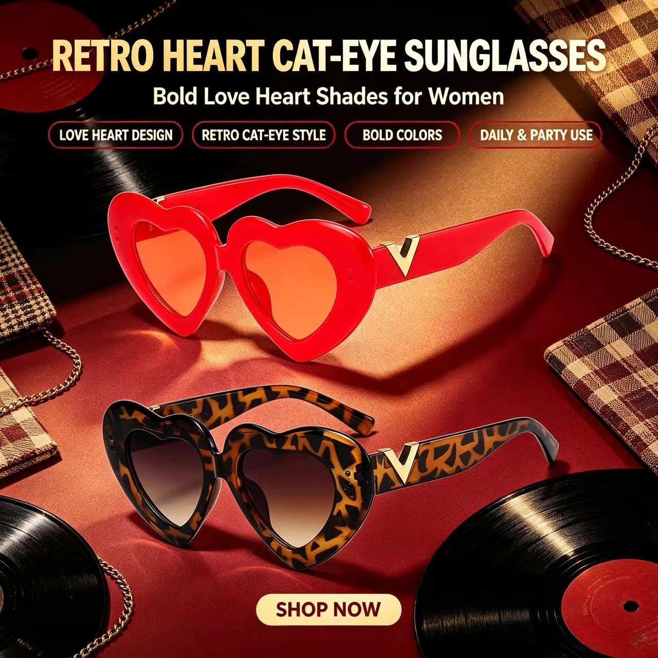New Fashion Heart‑Shaped Motorcycle Sunglasses Women Retro Cat Eye Outdoor Riding Eyewear