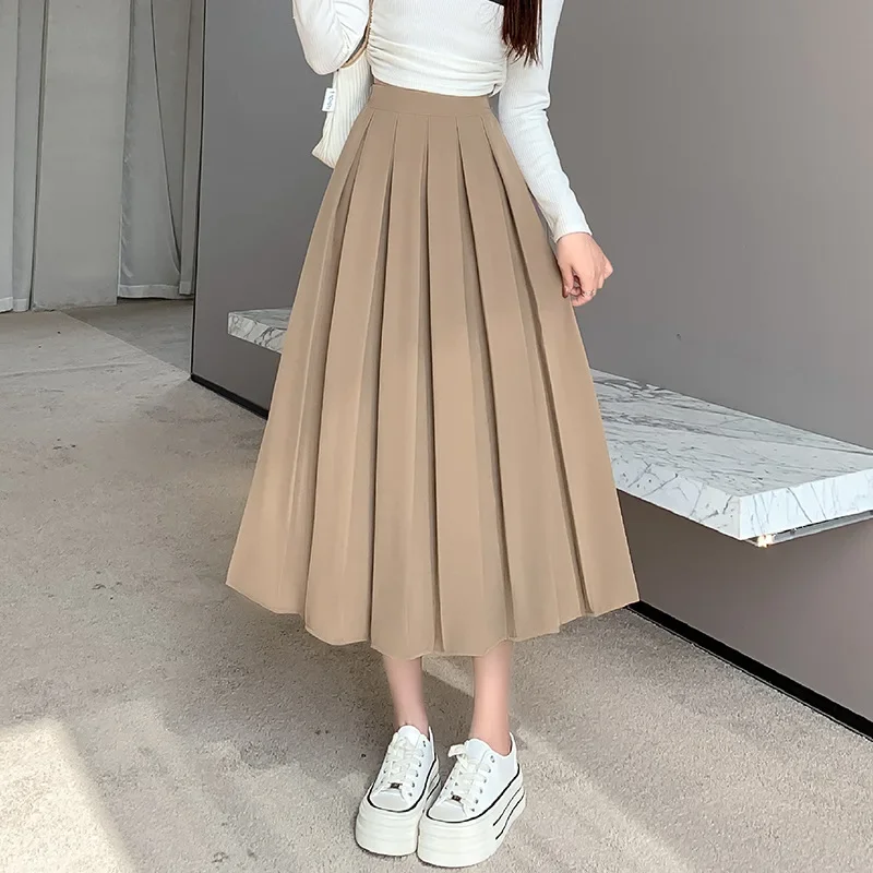 

Solid Color Korean Fashion Women's Pleated Skirts High Waist Mid Length A-line Skirt