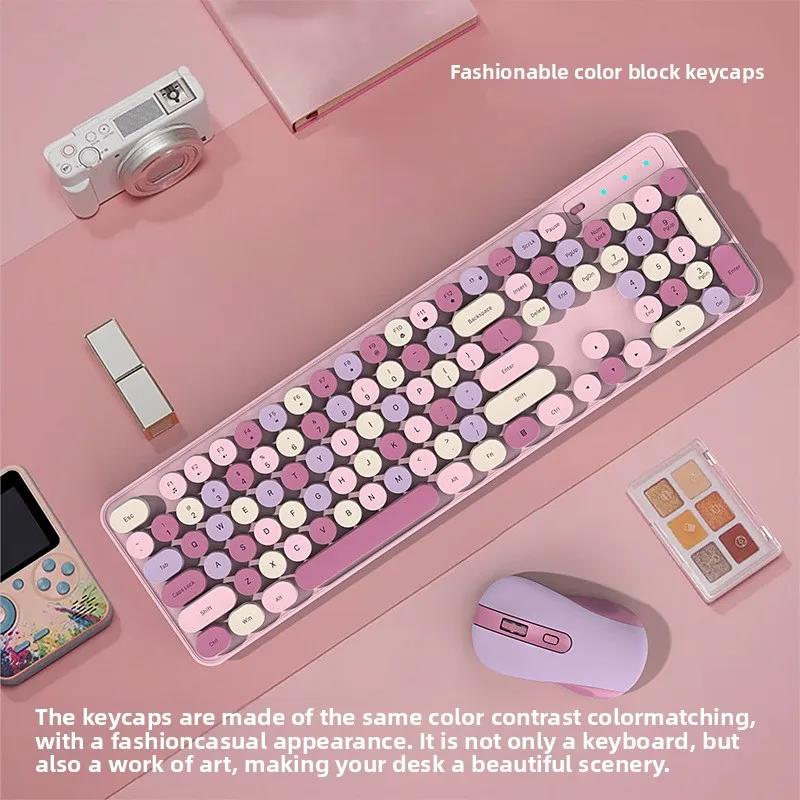 

Wireless Keyboard Mouse Set Rose Pink 2.4G retro Cute Key Girls High-Value