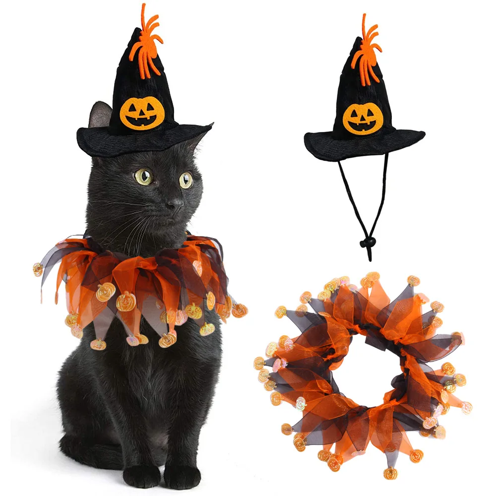 2Pcs Cute Halloween Cat Costumes Cosplay Cloak Witch Hat For Small Dog Cat Kitten Scarf  Halloween Pumpkin Pet Clothes