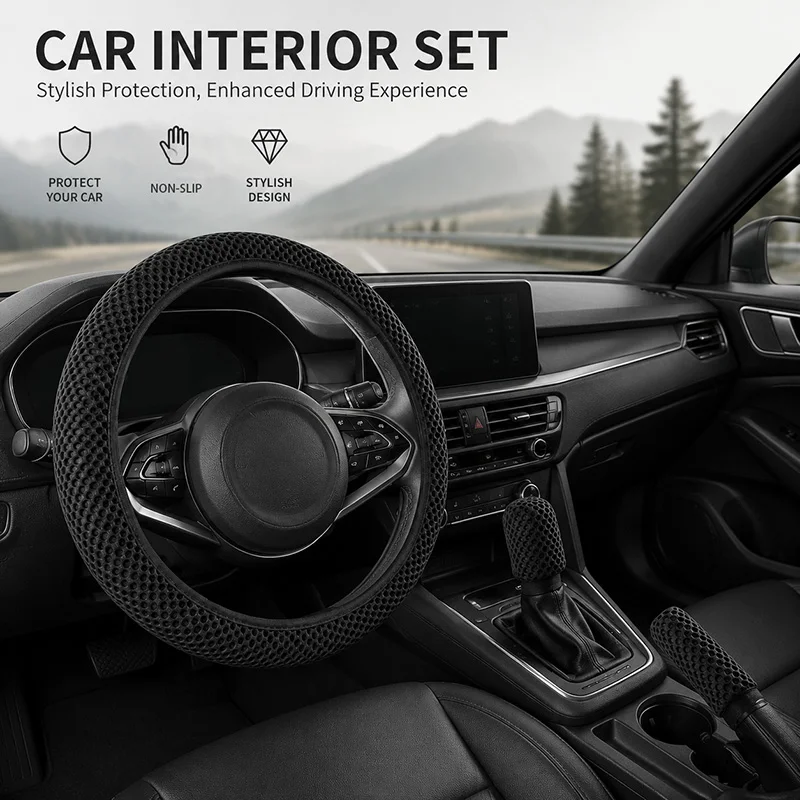 3D Massage Steering Wheel Cover Set, Includes Gear Shift Cover and Handbrake Cover, Three-Piece Set, All-Season universal Car