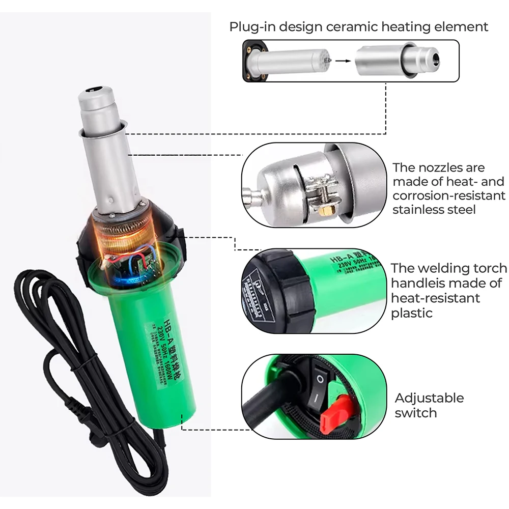 

AC220V 1600W Plastic Welding Gun Machine Electric Hot Air Gun Plastic Welding Torch + Heating Core + Flat Head Accessories