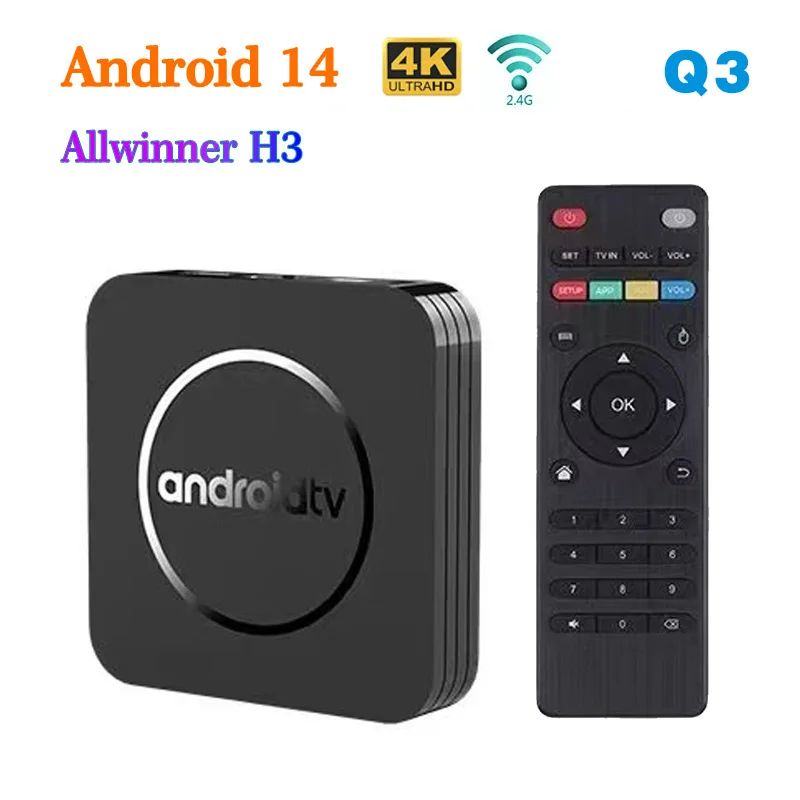 Q2 Smart TV Box Allwinner H3 Quad core Android 14.0 OS Media Player Support Wifi 2.4G 2GB 16GB Fast Set Top Box HD 8K Google