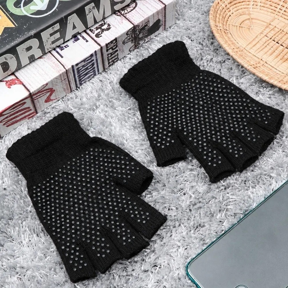 1 Pair Non-Slip Fingerless Gloves Lightweight Knitted Yoga Gloves Stretchy Sweat Absorption Cycling Gloves Fitness Exercise
