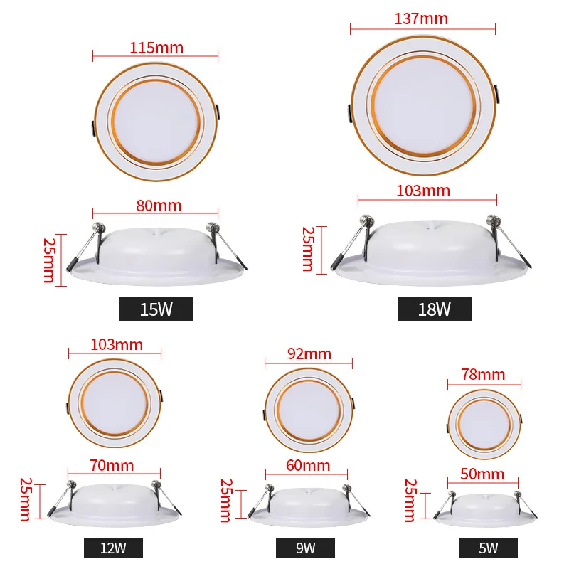 Oprawa wpuszczana LED typu Downlight 5W 9W 12W 15W 18W Okrągła lampa sufitowa LED Ciepła/zimna biel Panel LED 220V 3-kolorowy reflektor z