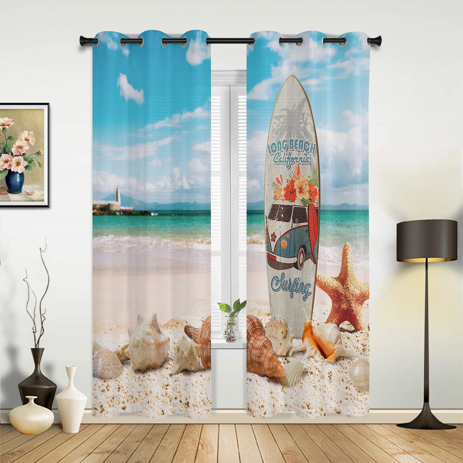 Surfboard Beach Starfish Shell Curtains for Bedroom Living Room Drapes Kitchen Children's Room Window Curtain Modern Home Decor