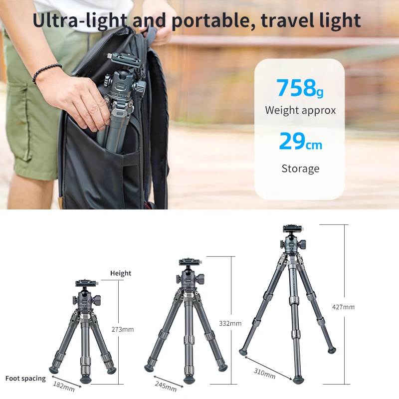 XILETU Portable Quick Release Camera Tripod with 360 Degree Ball Head Mini Desktop Stand for Mobile Phones, Cameras, DSLR