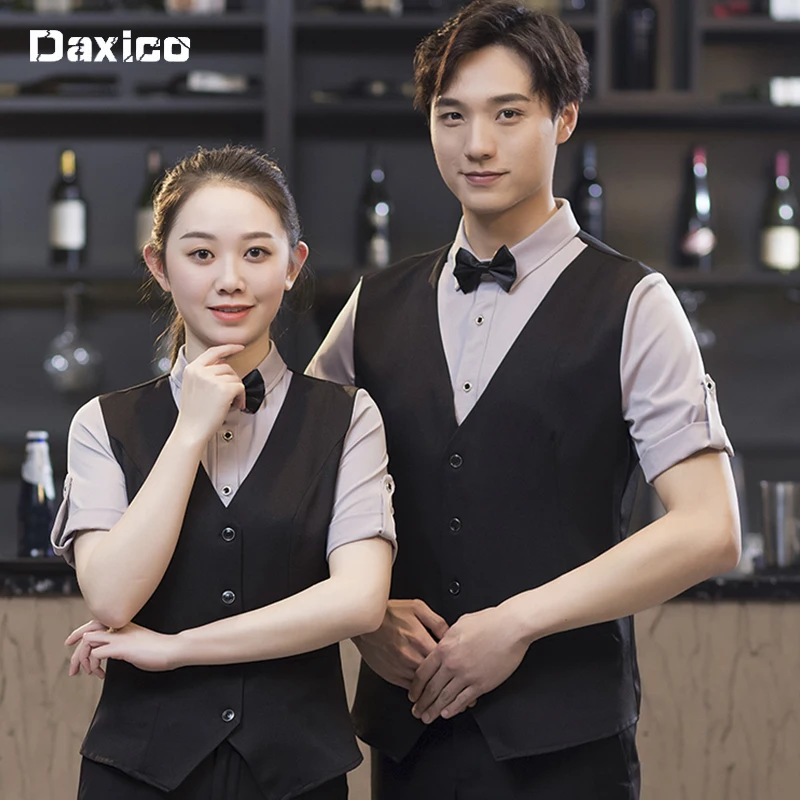 short Sleeve Restaurant Waiter jacket  for Man Cafe Fake Two Piece Waitress Shirt Woman T Shirt Fake Tops KTV Staff Uniform