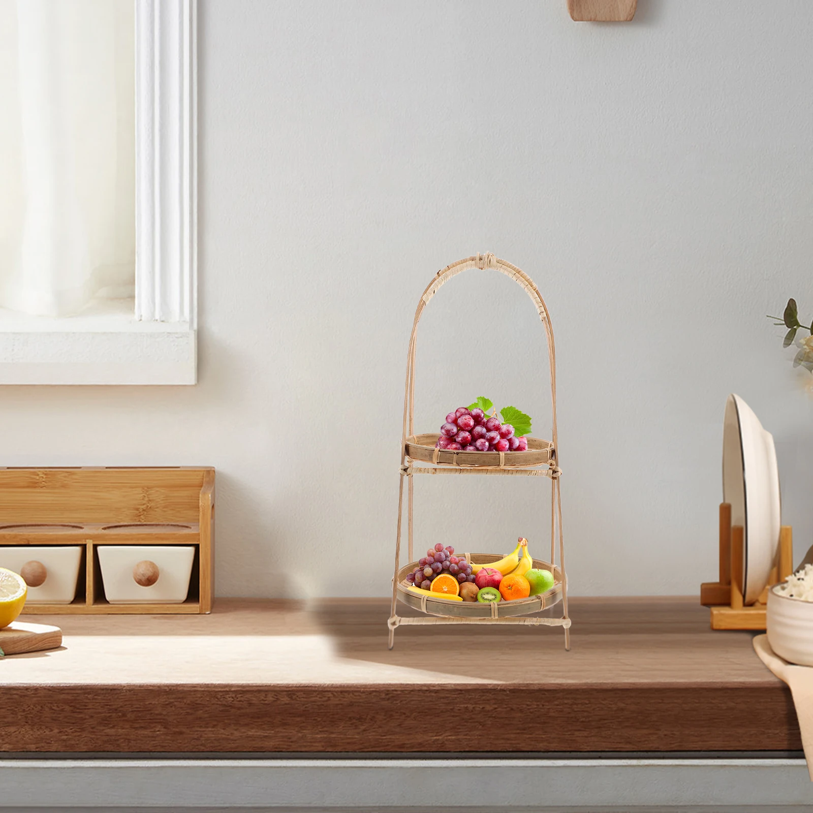

Bamboo Woven Basket Ivory Color Large Handle Kitchen Countertop Organizer Fruit Storage Container Household Dessert for Gifts