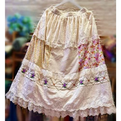 Vintage Rococo Cotton Patchwork Lace Floral Embroidery Long Skirt Shabby Retro Chic Victorian Cottage Core A-line Korean Skirt