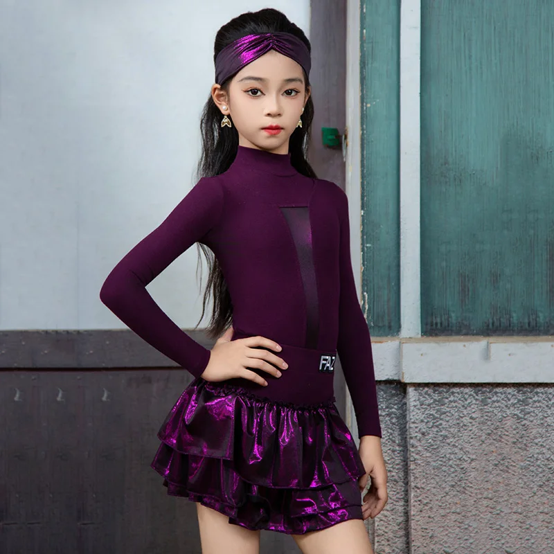 

Фиолетовый детский бархатный костюм для танцев: боди с длинным рукавом и юбка для девочек, для латиноамериканских танцев и тренировок