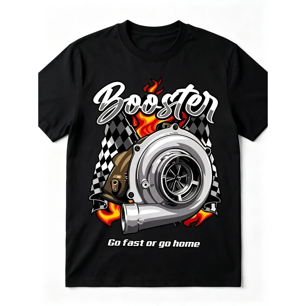 2026 New Unisex O-neck T-shirt JDM Modified Turbo Back Print Racing Checkered Flag Flame Booster Art Font Auto