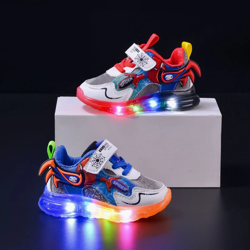 Children\'s Led Lighted Shoes Baby Boys Luminous Shoes Disney Kids Sport Shoes Cartoon Spiderman Boys Outdoor Shoes Student Shoes