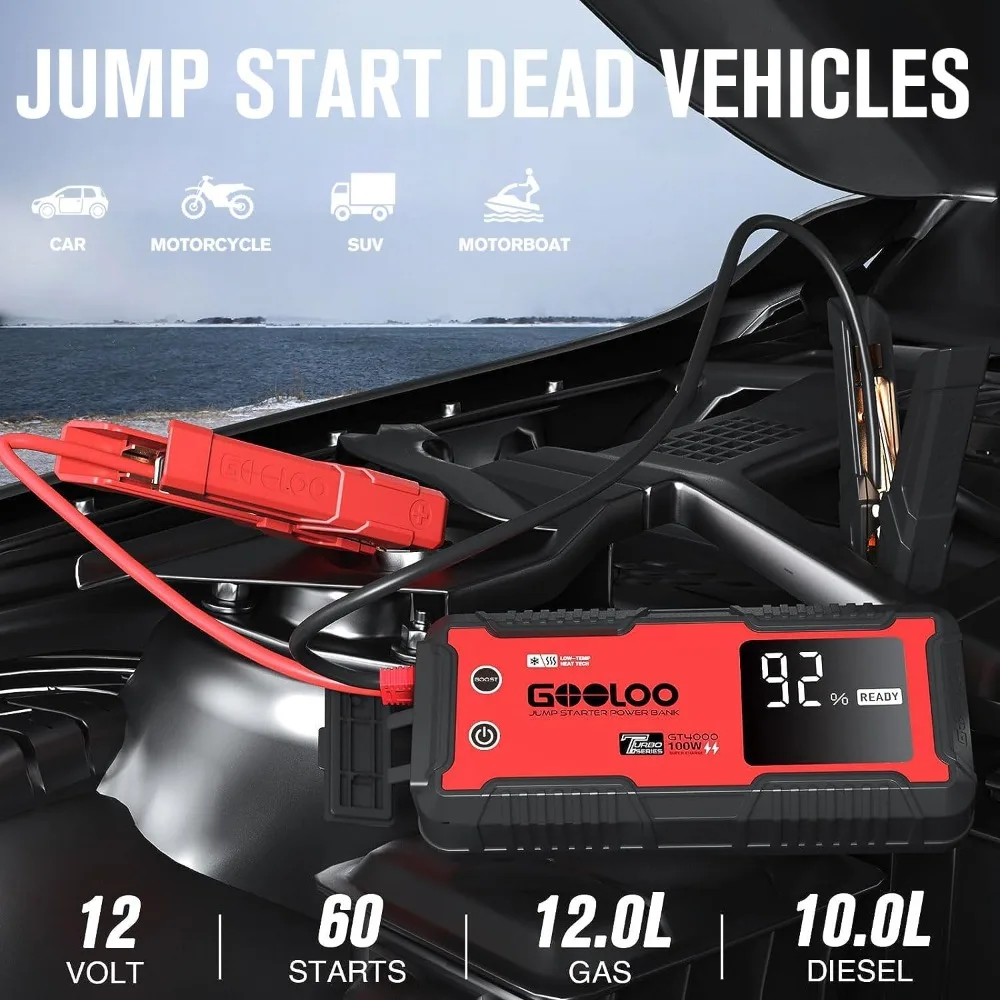 GOOLOO GT4000 Car Jump Starter 4000A 100W شحن سريع 12V SuperSafe بطارية محمولة معززة مع -40 ℉   تقنية التسخين المسبق،