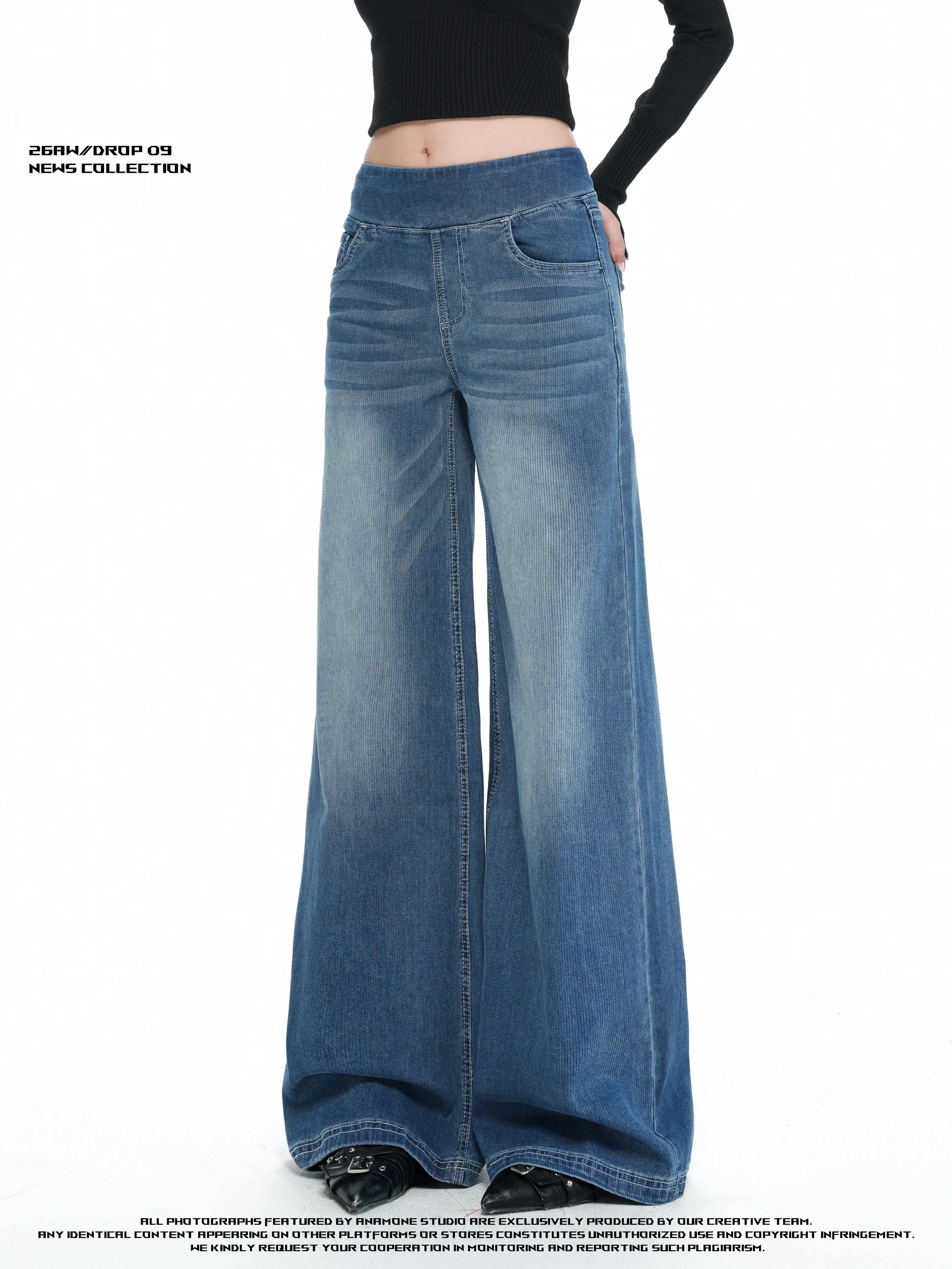 ANAMONE American Style Retro Washed Loose Wide Leg Jeans Women's Autumn Cuffed Splicing Design Casual High Waist Blue Denim