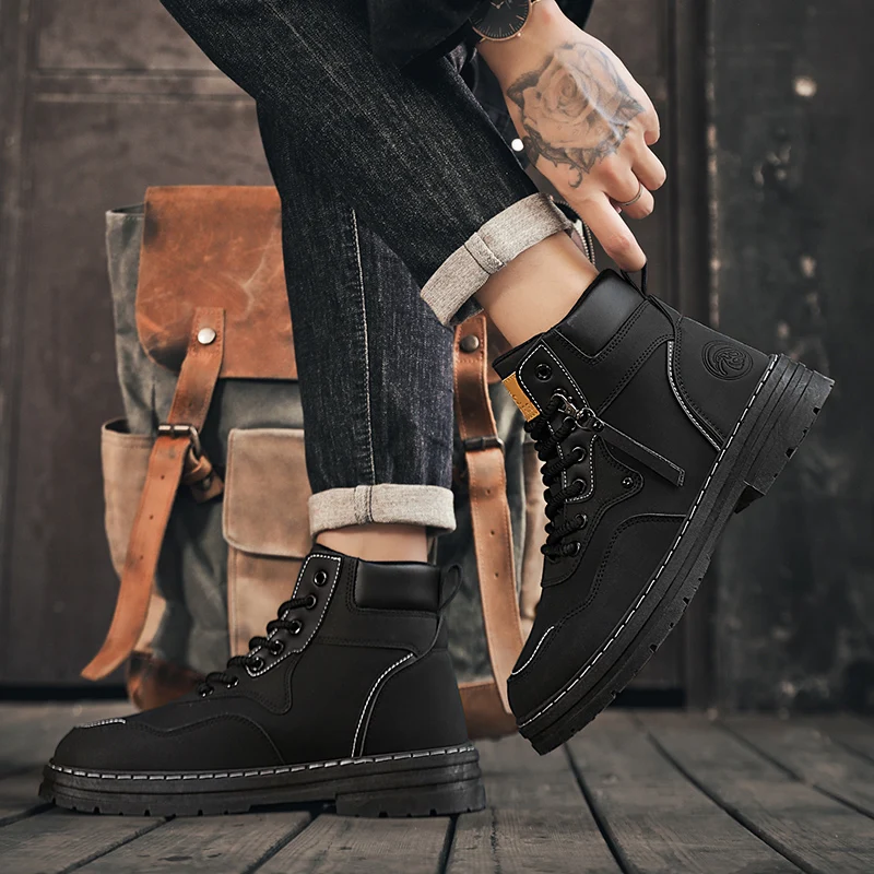 2025 New High Top Boots Men's Leather Shoes Fashion Motorcycle Ankle Boots for Men Winter Boots Man Shoes Lace-Up Botas Hombre