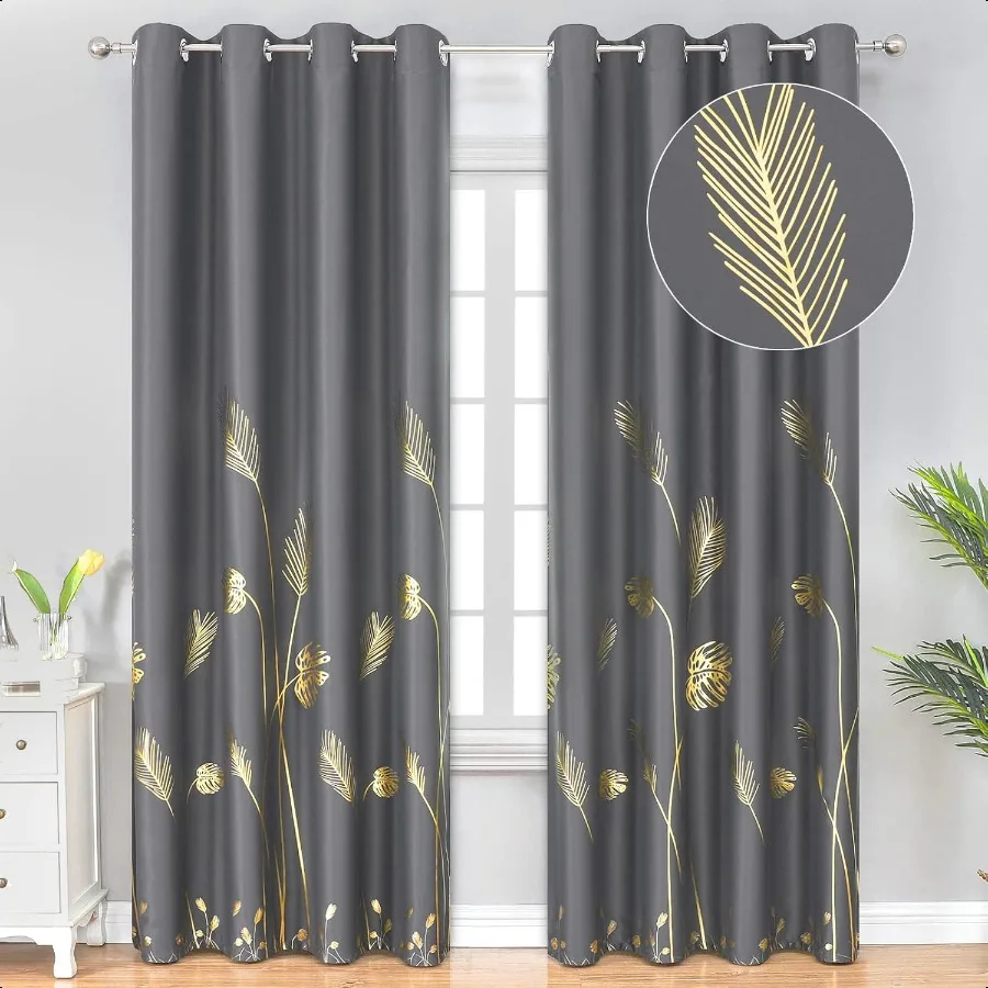 

Dark Grey Blackout Curtains Drapes 84 Inch Length 2 Panels Set for Living Room Thermal Insulated Room Darkening Gold Palm Leaf