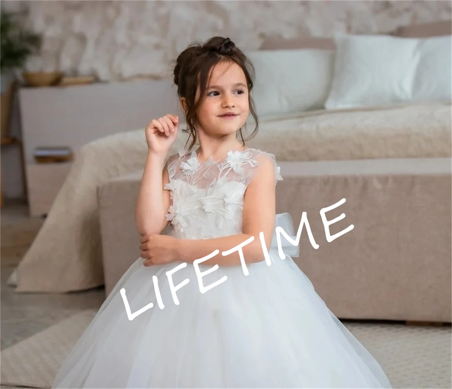 Flower Girl Dress White Fluffy Tulle Lace Decal Full Sleeve Wedding Elegant Flower Children's First Communion Gathering Dress