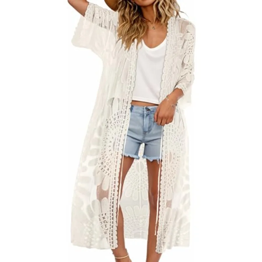 

CHICGAL Womens Swimsuit Coverup Lace Bathing Suit Cover Up Beach Kimonos Long Cardigan Open Front Swimwear