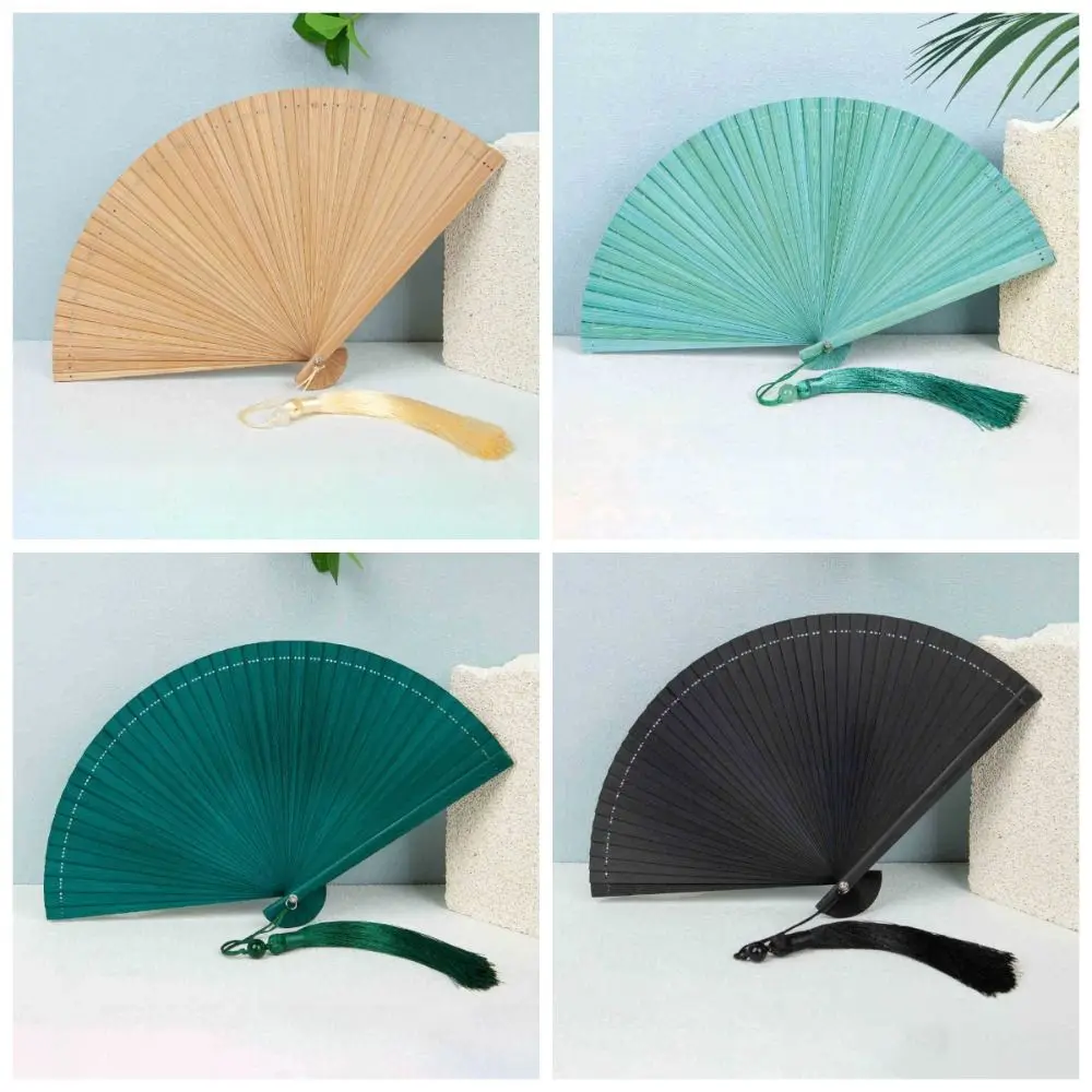 

Chinese Style Solid Color Bamboo Fan Portable Exquisite Elegant Handheld Fans with Random Tassel Retro Tassel Folding Fan