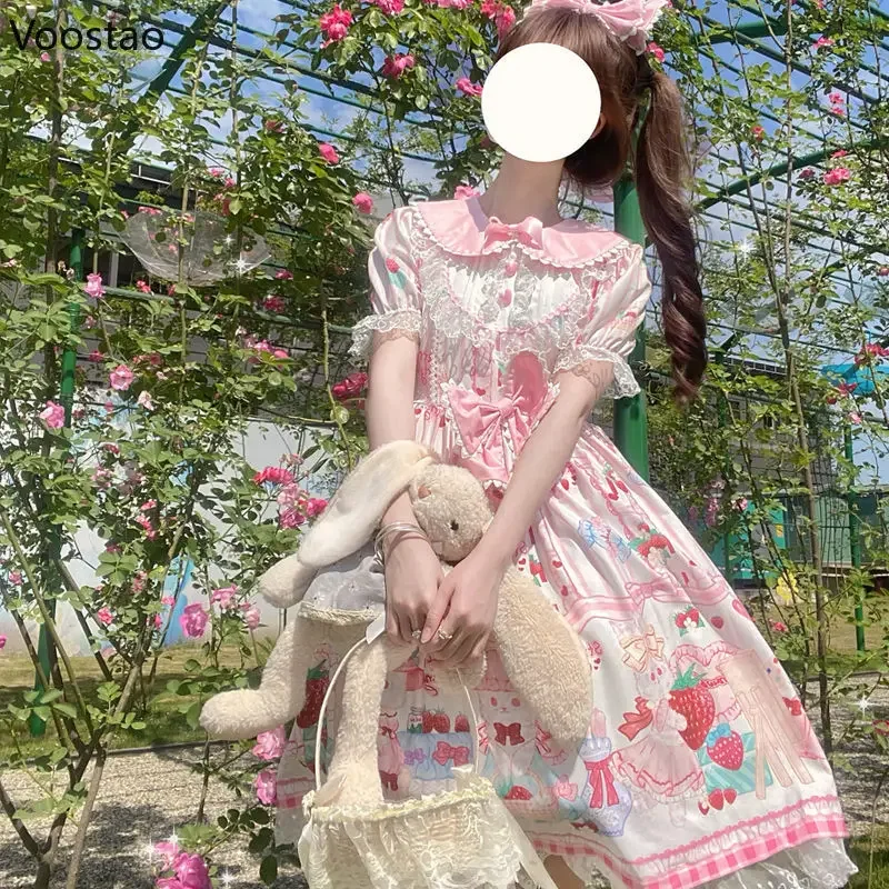 Dolce giapponese Lolita OP vestito estivo ragazze carino fiocco di pizzo fragola coniglietto tea party abiti donna Harajuku Kawaii Chic abiti