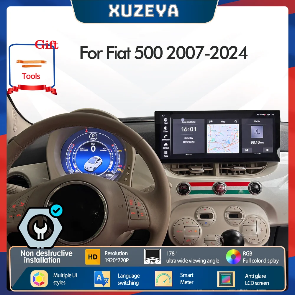 

7-дюймовый ЖК-экран Full HD, цифровая приборная панель для Fiat 500 2007-2024, спидометр, приборная панель, датчик, 3 режима пользователя, Plug and play