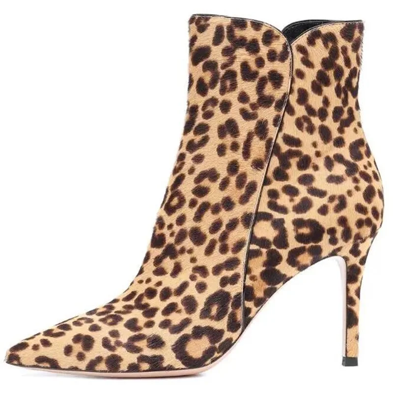 

Sexy Leopard Boots Pointed Toe Cu-out Thin Heels Suede Leather Ankle Boots Slip-on Women Fashion Dress Shoes Customized