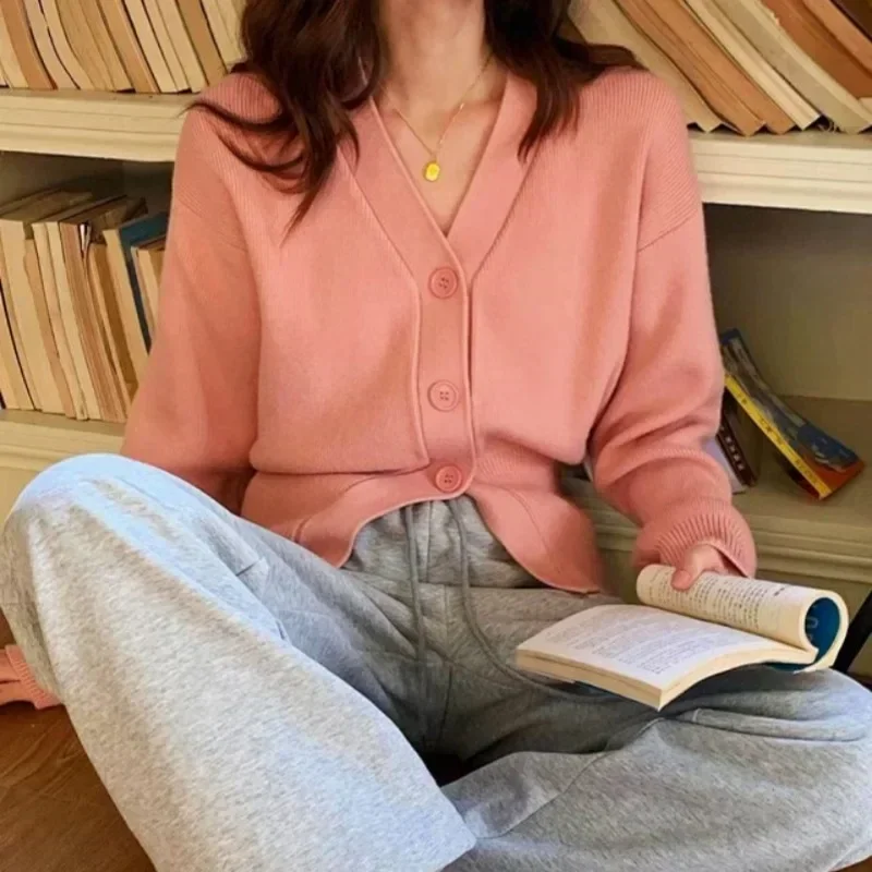 Solid Knitted Cardigan Women Spring Autumn Vintage Oversized V Neck Long Sleeve Sweater Chic Button Up Jacket Korean Y2k Tops