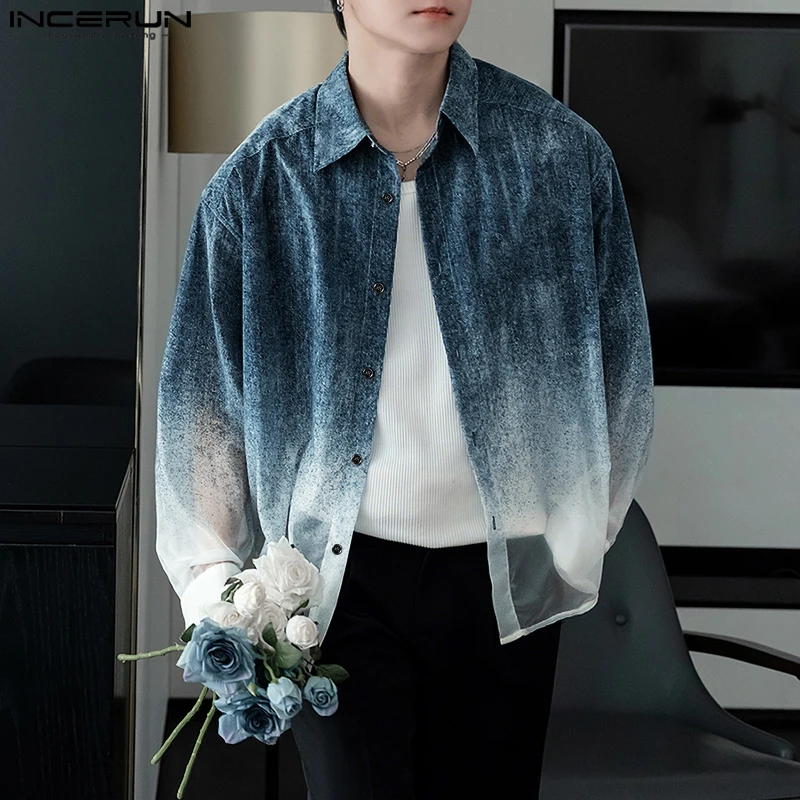 

INCERUN Мужская рубашка Tie Dye с градиентными лацканами и длинным рукавом, свободная мужская одежда, уличная одежда, модные повседневные мужские топы 2025, рубашки S-5XL
