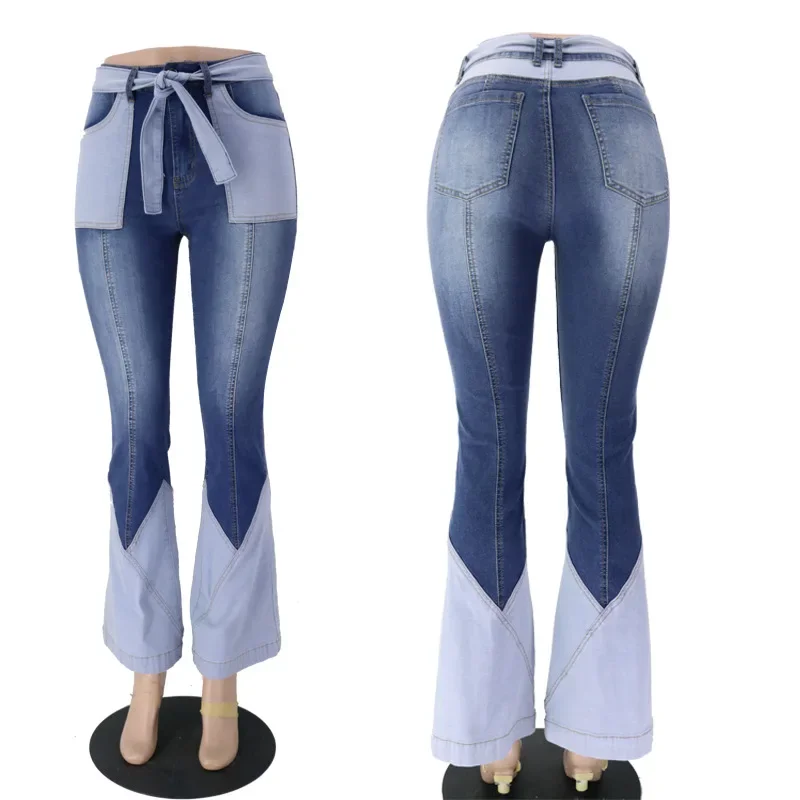 Women's Fashion Retro Casual Jeans Two-color Stitching Belt Multi-pocket Design New High Waist Beautiful Denim Flared Long Pants