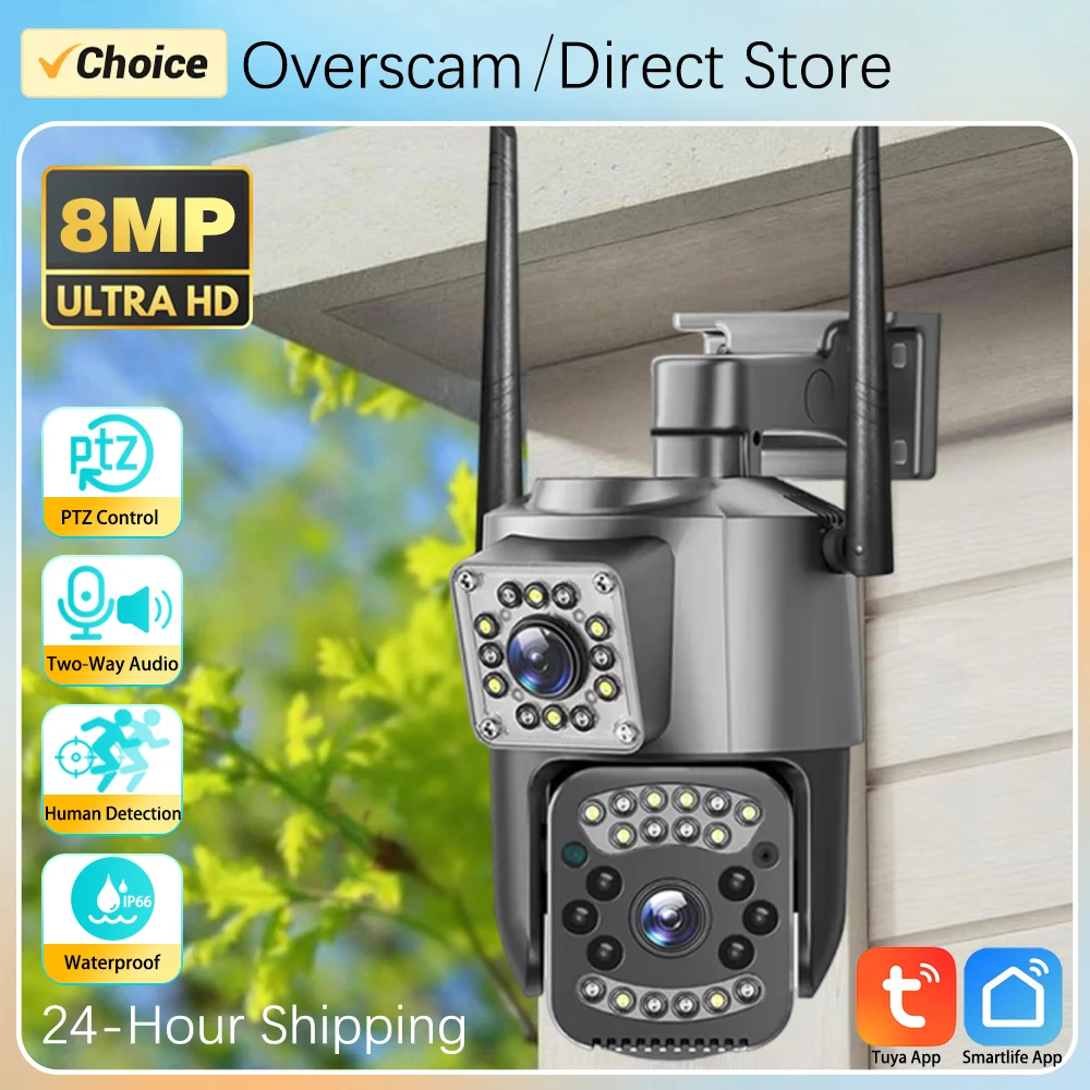 

4K 8МП Wi-Fi камера Tuya SmartLife для дома, HD PTZ, с двумя объективами и двумя экранами, для видеонаблюдения, с автоматическим отслеживанием, для улицы, с двусторонней аудиосвязью