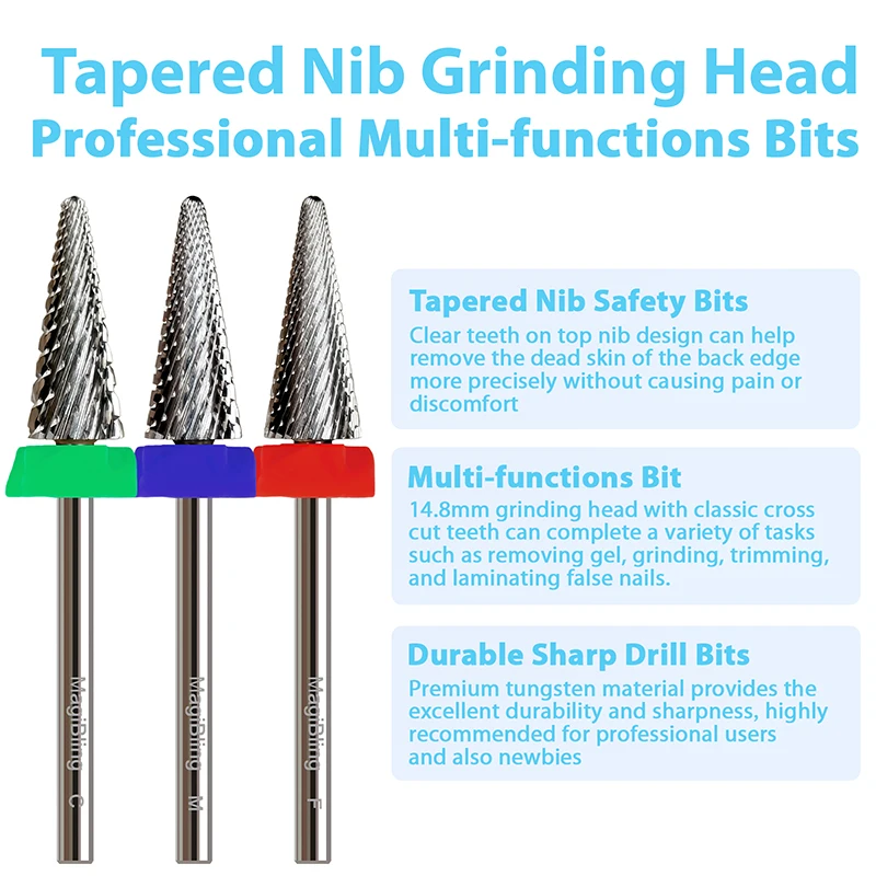 MagiBling Kreuzschnitt-Nagelbohrer mit konischer Spitze, Hartmetall, für Links- und Rechtshänder, Nagelhaut-Hartgel-Entfernung, professionelle Bits, 3/32 Zoll – Detail 2