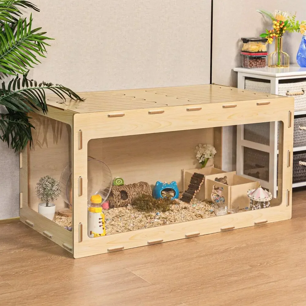 Large Hamster Cage Hamster Habitat with Acrylic Windows Small Animal Hutch Wood Small Animal Cage