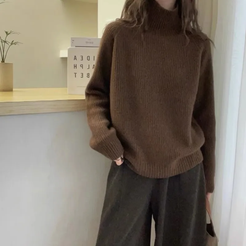 

Coffee-colored high-neck 100% cashmere sweater thickened sweater loose knitted cashmere sweater for women