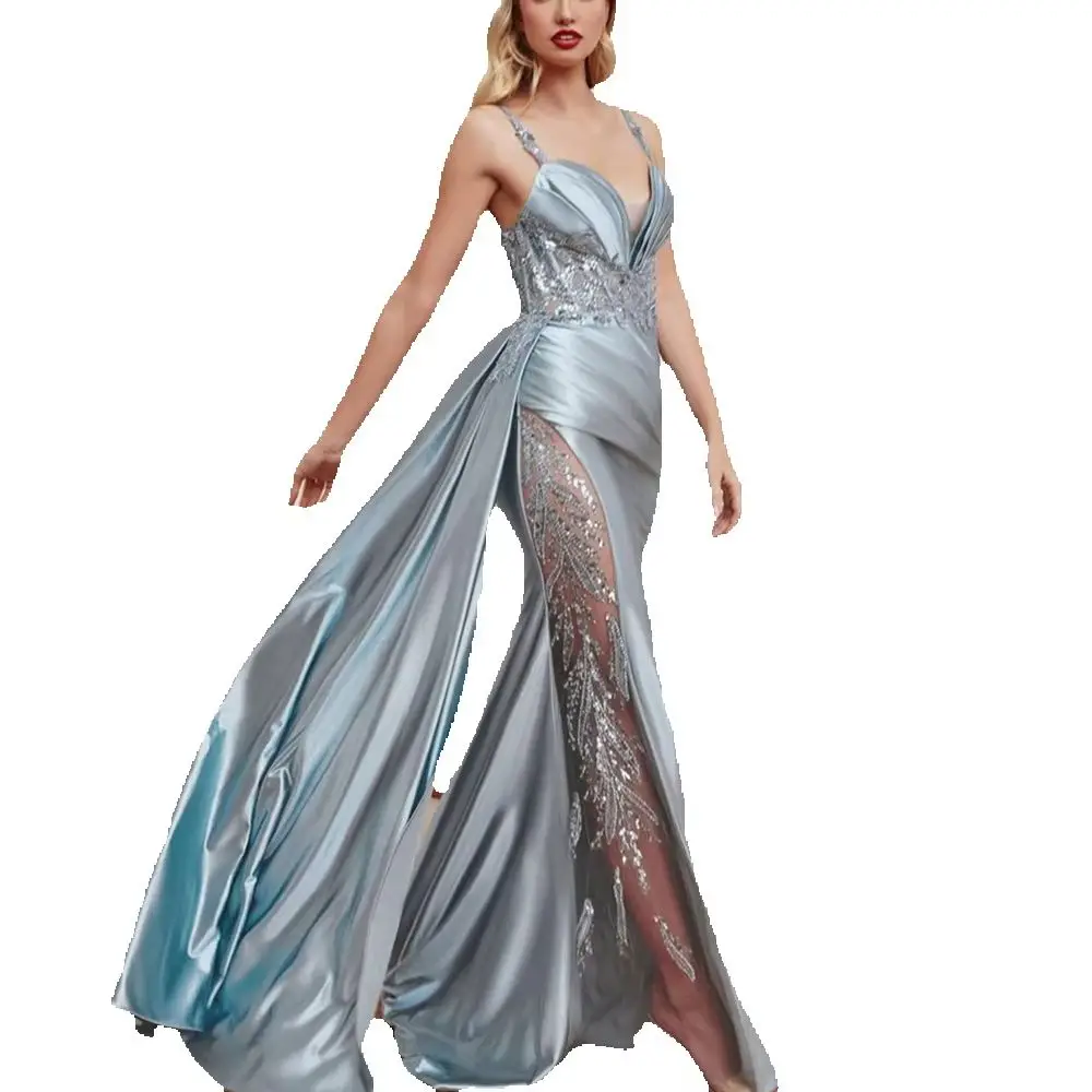 품위있는 슬리버 여성 댄스 파티 드레스 바닥 길이 스파게티 스트랩 환상 연인 아플리케 여성 스마트 저녁 연회 가운